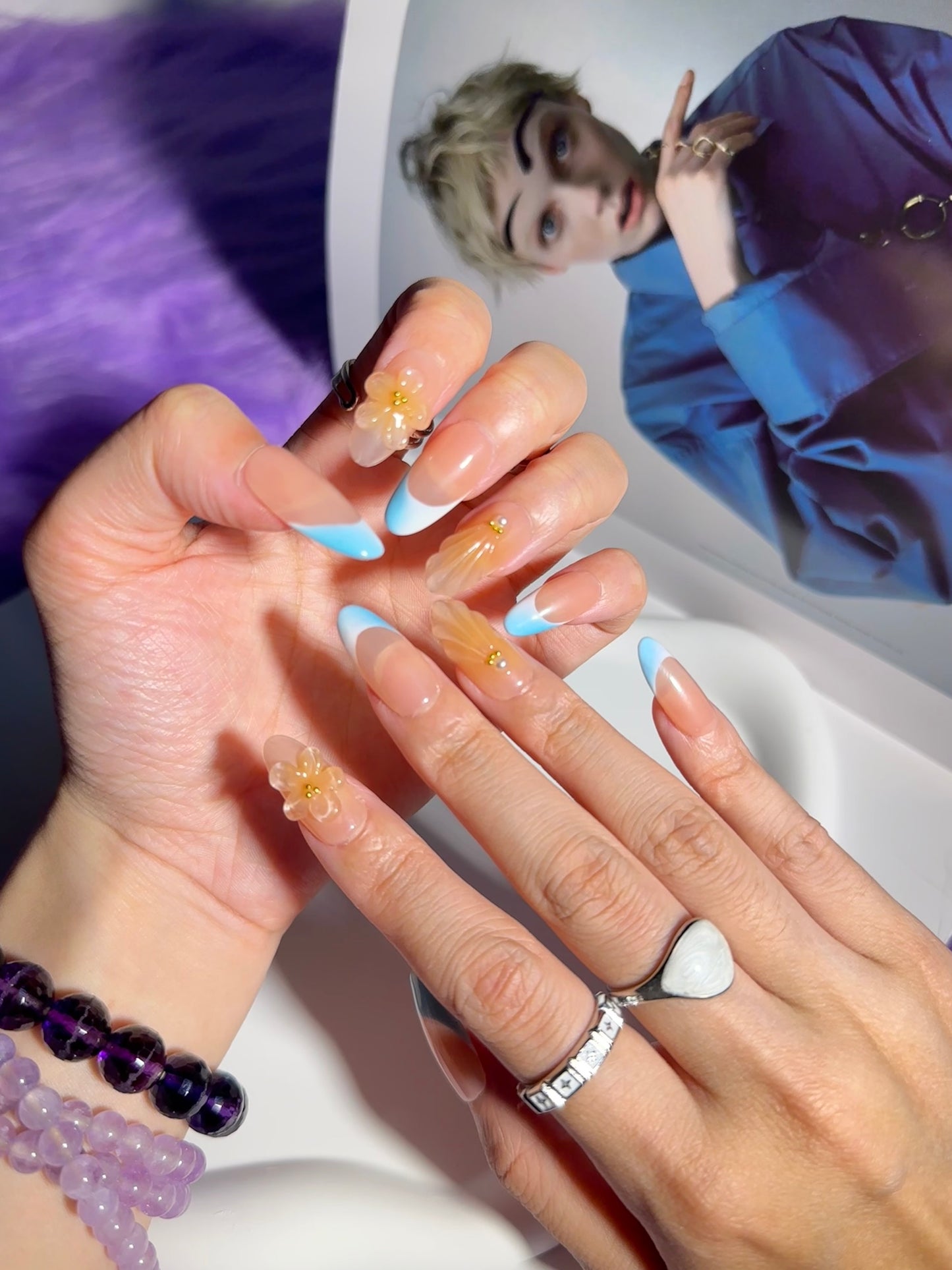 Gradient Blue 3D Flower Nails