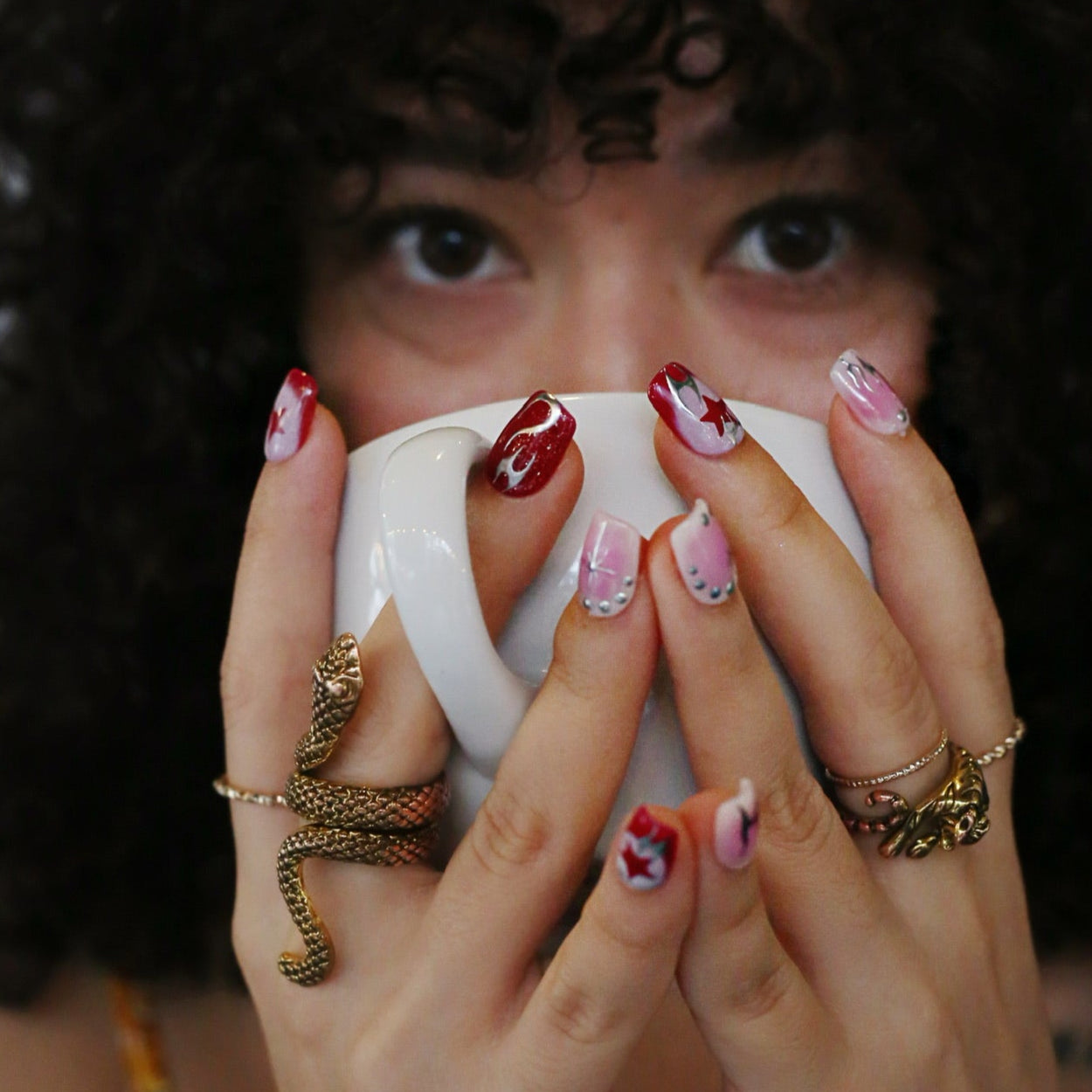 Silver Pink Fire Handmade Press-On Nails