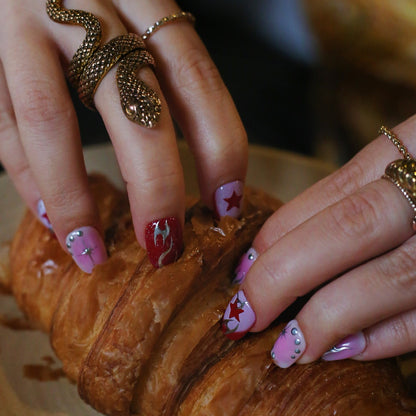 Silver Pink Fire Handmade Press-On Nails