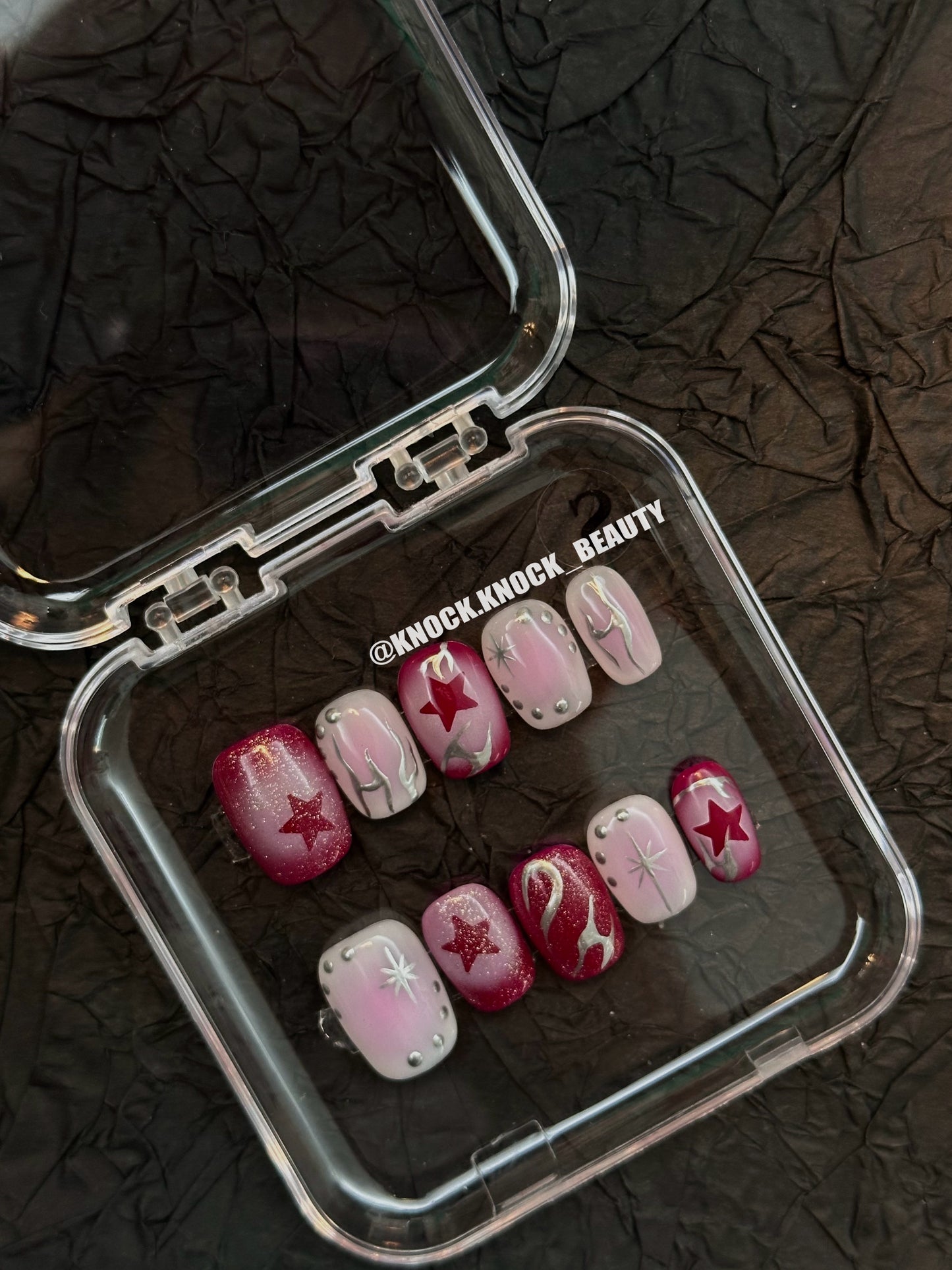 silver pink fire handmade press-on nails