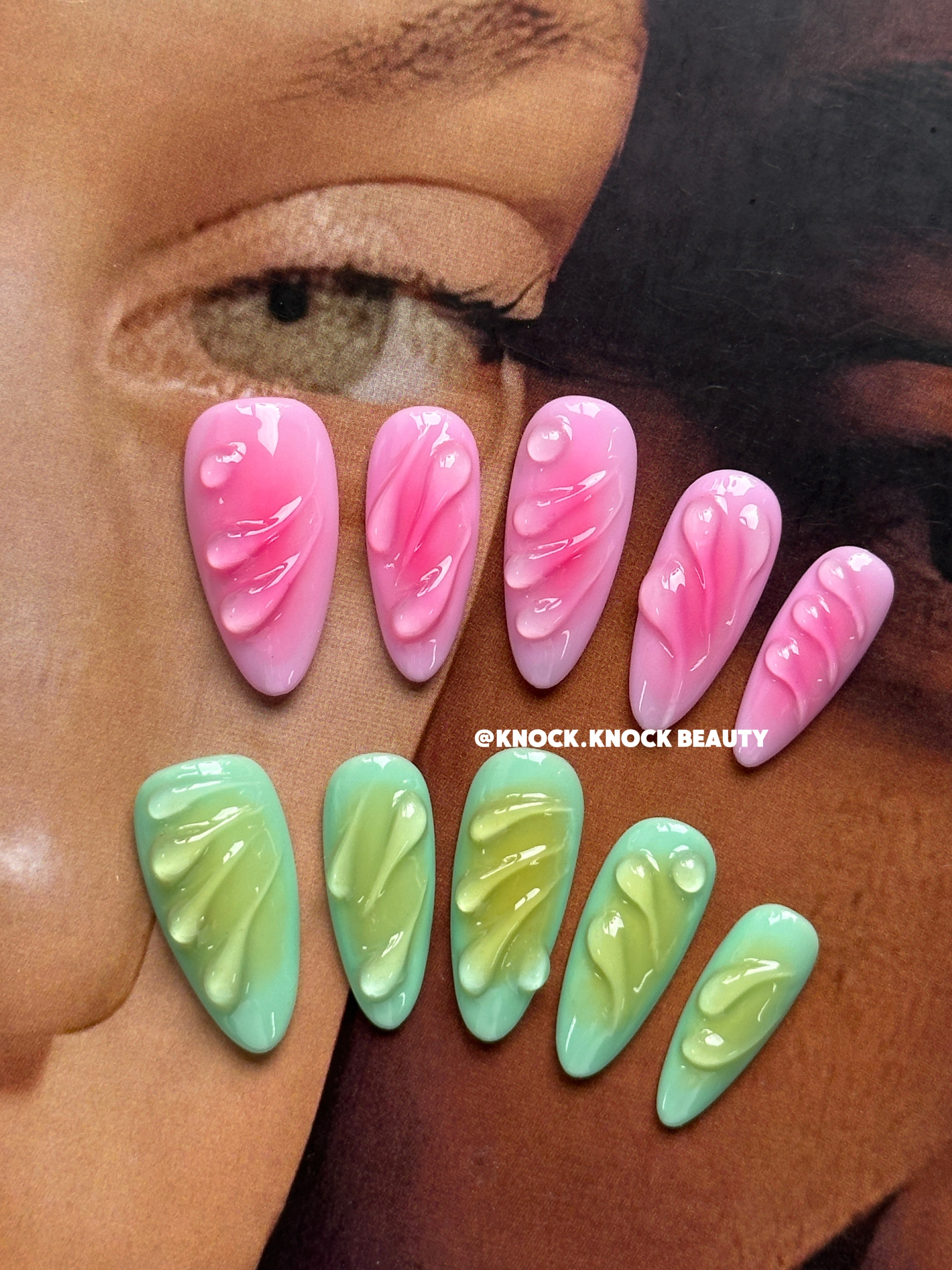 Pink & Green 3D Nails