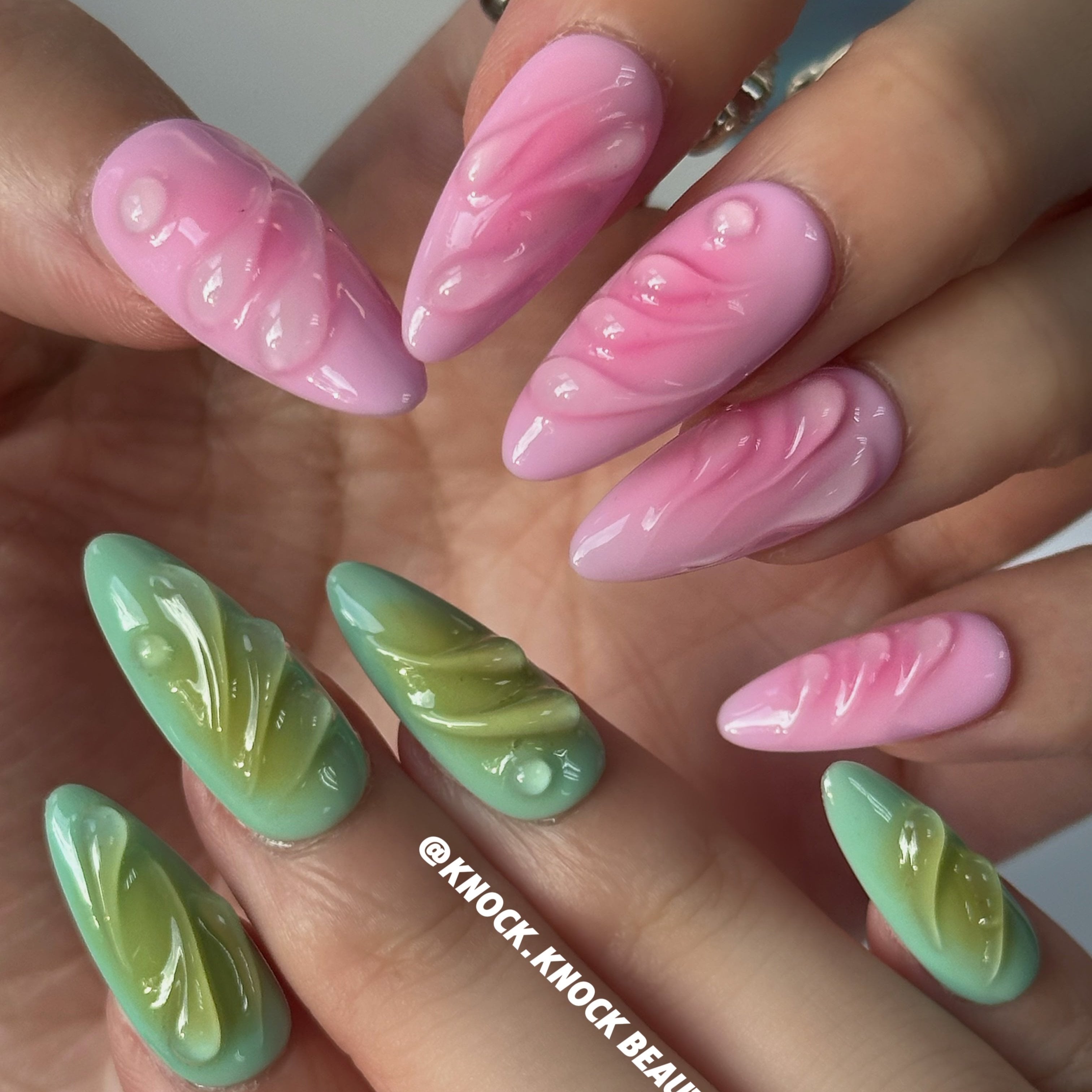 Pink & Green 3D Nails